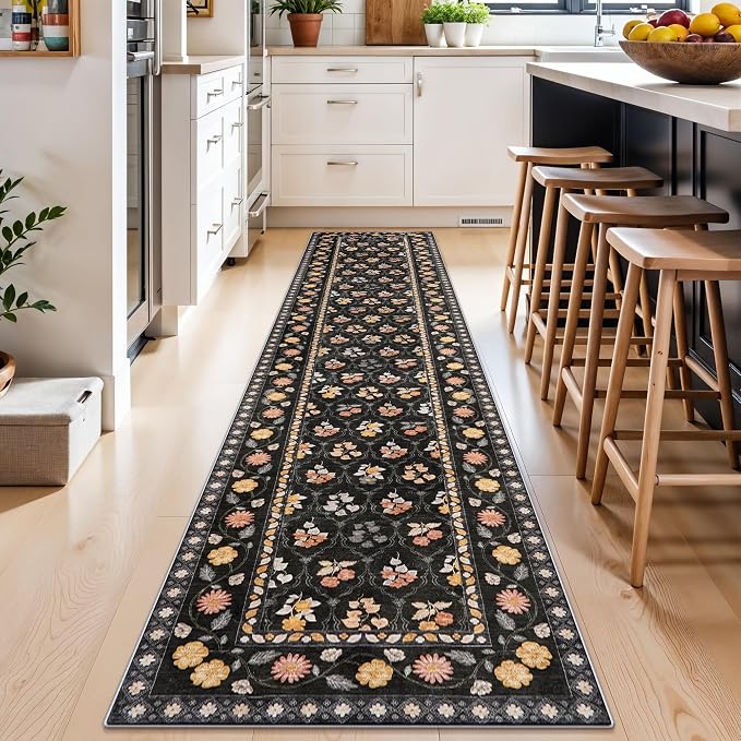 Washable Kitchen 2x10 Runner Rug: Non-Slip Long Hallway Entryway Rugs Indoor Low Pile Carpet for Bedroom Laundry Stain Resistant Vintage Soft Thin Floor Decor Mat for Bathroom (Floral/Black,2x10)