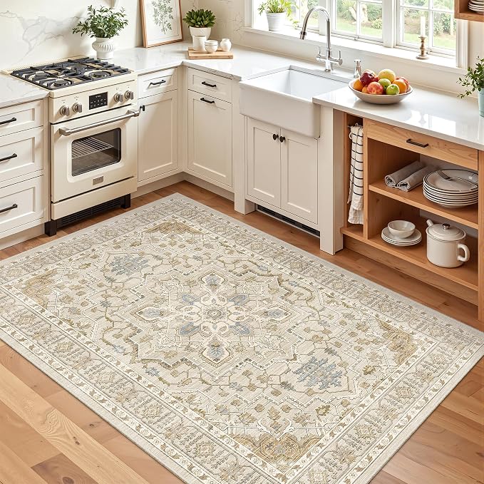 Madane Area Rug 4x6 Washable Rugs Vintage for Living Room, Beige/Blue | Ultra-Thin Stain Resistant Vintage Large 4'X6' Carpet, Low-Pile Floor Mat For Bedroom Dining Room Office Home Decor