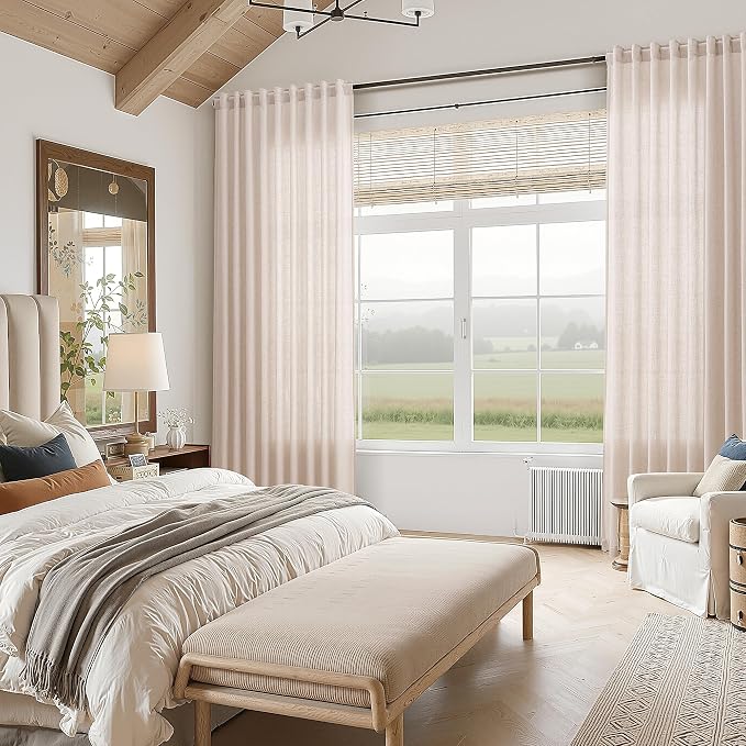 Natural White Linen Curtains 96 Inches Long for Living Room Light Filtering Neutral Farmhouse Decor Curtains Back Tab and Rod Pocket Privacy Sheer Curtain for Bedroom 52x96, 2 Panels