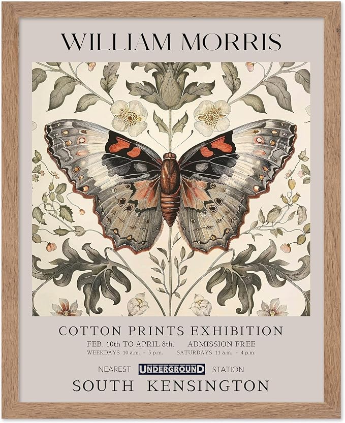 Poster Master William Morris Poster - Butterfly Print - Moth Illustration - Botanical Art - Flower Art - Exhibition Illustration - Animal Illustration - Floral Painting - Aesthetic Office or Bedroom Decor - 8x10 Beige Framed