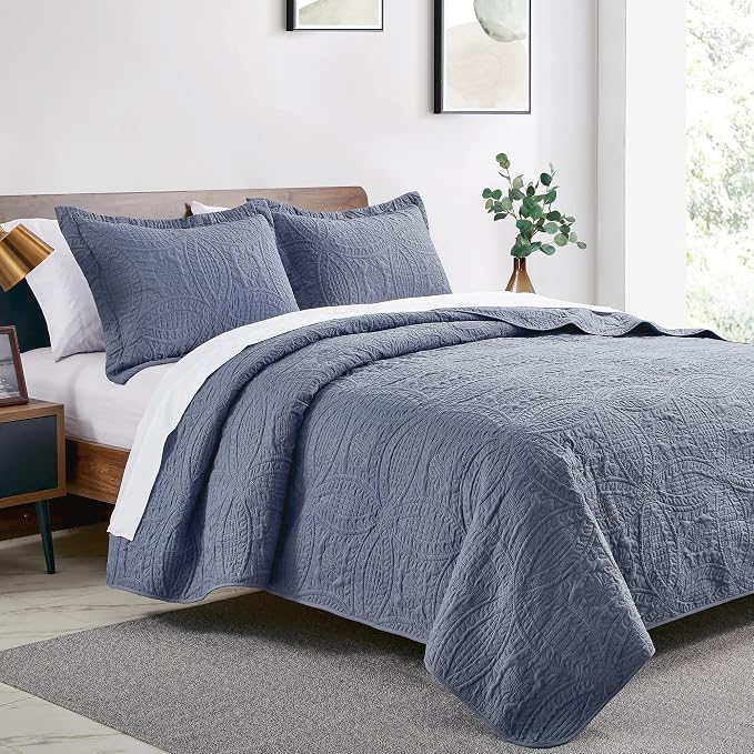 Love's cabin Twin Quilt Set Blue Bedspreads - Soft Bed Summer Lightweight Bedspread Comforter - Modern Style Coin Pattern Coverlet for All Season - 2 Pieces (1 Quilt, 1 Pillow Sham)