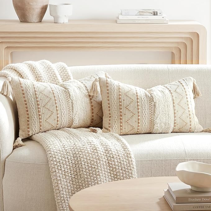 BlissBlush Decorative Lumbar Throw Pillow Covers 12x20 Combo Set of 2 Cream Neutral Rectangular Boho Accent Pillowcase Farmhouse Cushion for Couch Sofa Bedroom Living Home Décor Cover ONLY