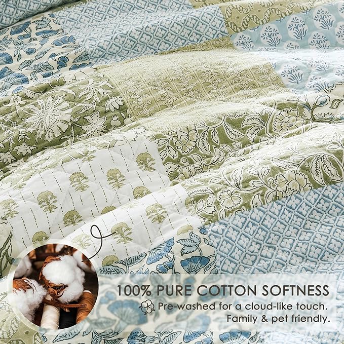 WDCOZY 100% Cotton Reversible Patchwork Quilt Queen Size, Lightweight Farmhouse Vintage Shabby Chic Bedding Set with 2 Pillow Shams, Green Floral Printed Pattern Bedspread Coverlet for All Seasons