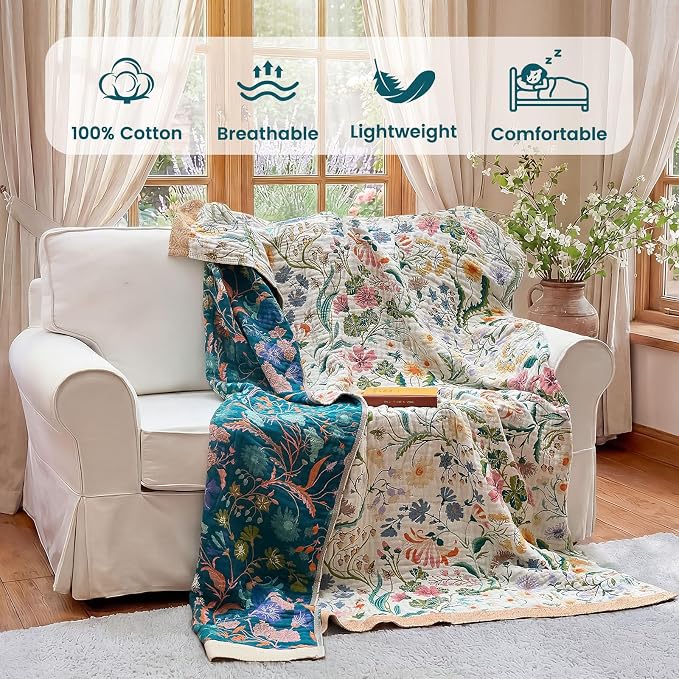MSGKV Boho Throw Blanket 50"x60" Cotton Floral Blanket for Couch Bed Decor | 100% Cotton Throw, Colorful Floral, Reversible Blanket, Couch Bed Decor, Road Trip Blanket, Farmhouse Decor, Machine Washable