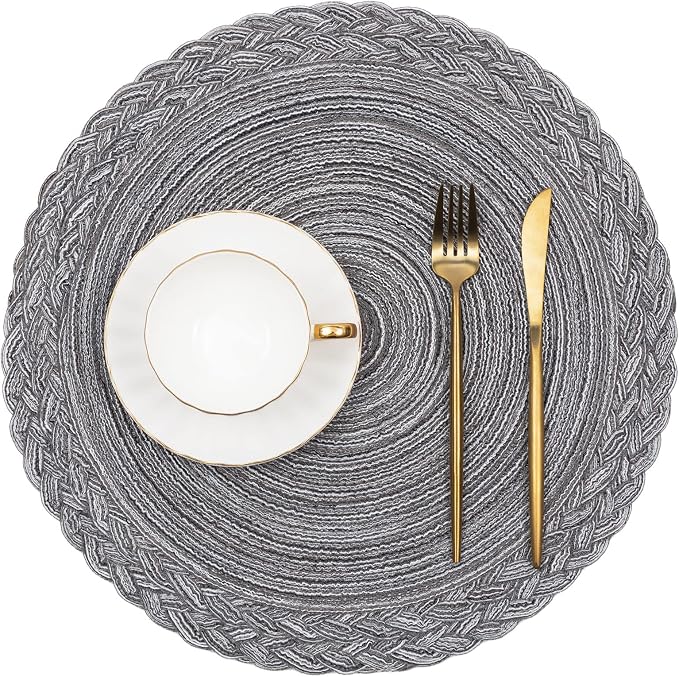 SHACOS Round Placemats Set of 4 Boho Braided Border 15 inch Circle Place Mats Washable Fabric Table Mats for Kitchen Dining Table, Gray