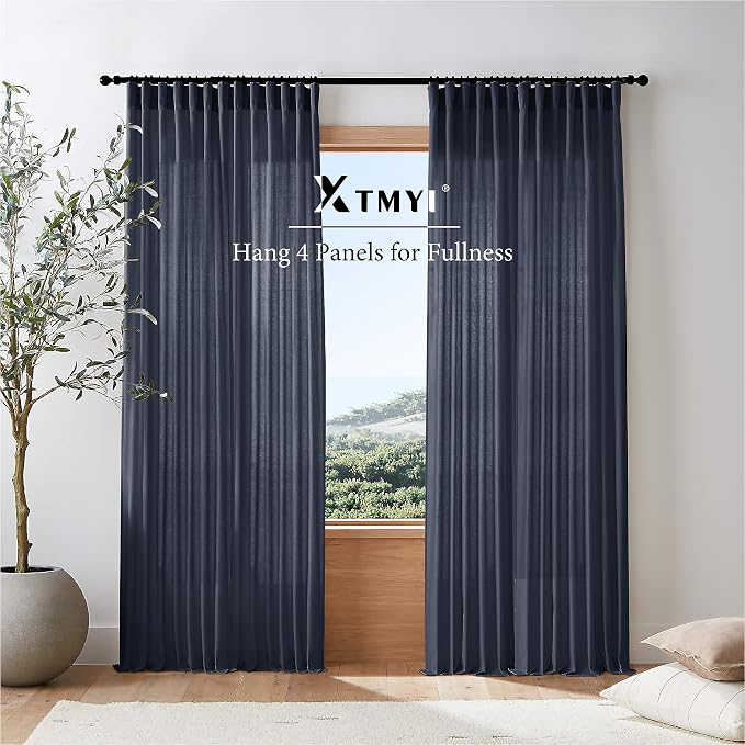 XTMYI Navy Blue Curtains 84 Inch Lengh,Linen Sheer Back Tab Hooks Pleated Light Filtering Dark Blue Kids Curtains for Boys Bedroom Living Room 2 Panel Set,Midnight/Indigo