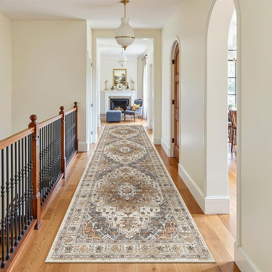 Madane Hallway Runner Rug 3x12 Washable Kitchen Runners 12ft, Turmeric/Grey | Vintage Non Slip Area Rugs for Hallways, Soft Low-Pile Thin Farmhouse Wide Floor Carpet for Entryway Foyer Bathroom Bedroom