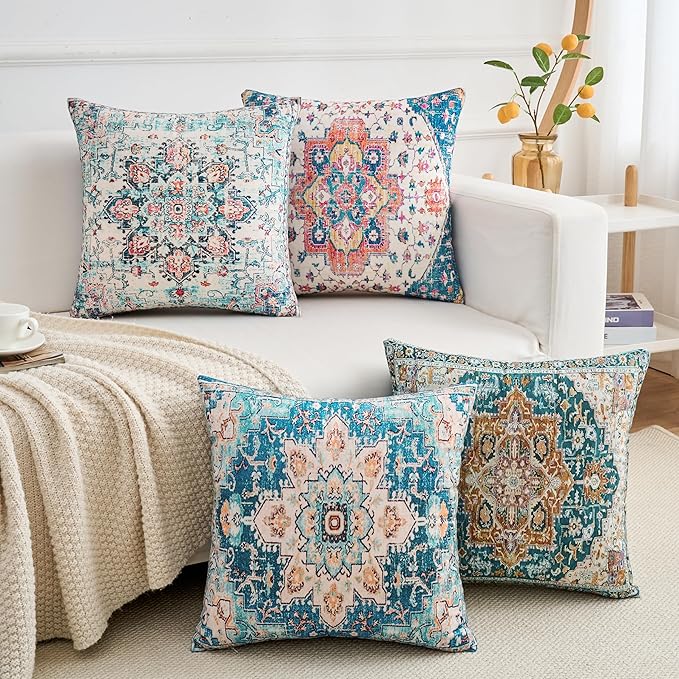 Throw Pillow Covers 20x20 Inch Set of 4 Washable BOHO Vintage Style Decorative Throw Pillow Cases Soft Velvet Square Farmhouse Decor Retro Cushion Covers for Couch Sofa Bed Living Room Outdoor