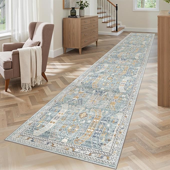 Madane Washable Runner Rugs 2x10 Long for Hallway Kitchen, Blue/Gold | Non-Slip Low-Pile 10ft Rug Runners Soft, Stain-Resistant Floor Carpet Mat for Entrance, Living Dining Laundry Room