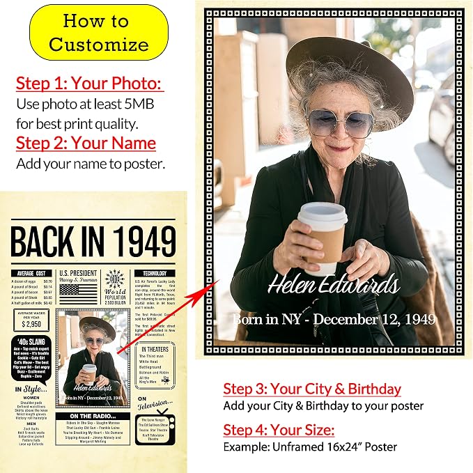 Personalized 76 year old birthday gifts - Back in 1949 Poster - Centerpiece Table Decorations 76th Birthday Party - Custom Born in 1949 Newspaper Vintage Poster for Men, Women