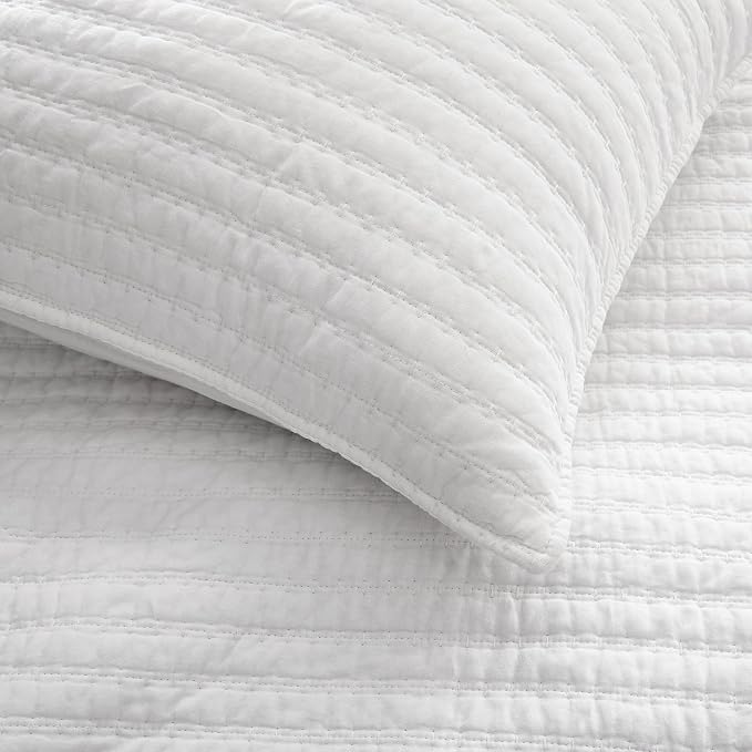 WDCOZY 100% Cotton King Size Quilt Set - White Striped Pick Stitch Soft Lightweight Bedspread, Textured Like Linen, Farmhouse Country Rustic Coverlet, Shabby Chic Gauze Bedding, 3 Pieces