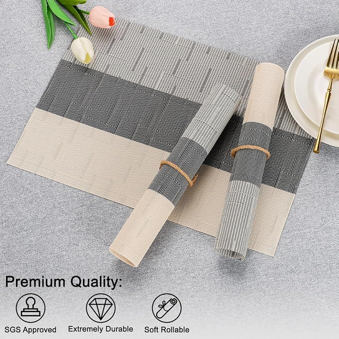 Placemats Set of 8, Vinyl Woven Heat-Resistant Place Mats | Washable Wipeable PVC Table Mats, Non Slip Placemat for Kitchen Dining Indoor Outdoor Table (Beige Dark Gray, Set of 8)