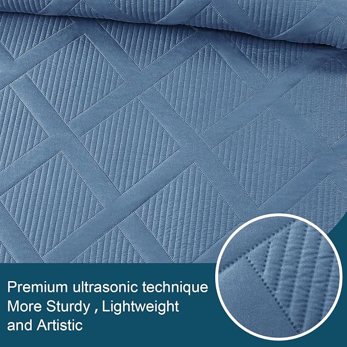 Exclusivo Mezcla Quilts Queen Size, Grayish Blue | Soft Bedspreads with 2 Pillow Shams, Modern Striped Pattern, Lightweight Bedding Set Coverlets for All Seasons, 90x96 Inch