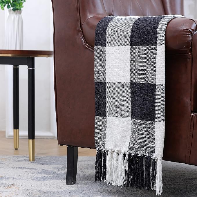 Black White Buffalo Plaid Decor Blanket, Lightweight Soft Chenille Check Knitted Rustic Farmhouse Throw with Tassels for Couch Sofa Chair Bed Office Home, Black and Ivory, 60" x 80"
