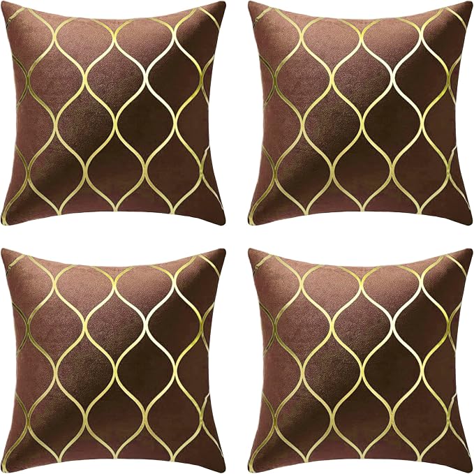 Gyulin Pack of 4 Gold Velvet Throw Pillow Covers 18x18 Inches Solid Square Pillow Covers Geometric Cushion Covers for Couch Sofa Home Bedroom Decor, Brown