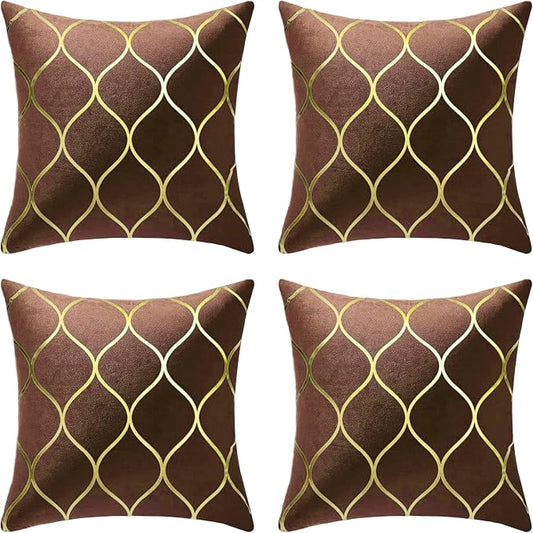 Gyulin Pack of 4 Gold Velvet Throw Pillow Covers 18x18 Inches Solid Square Pillow Covers Geometric Cushion Covers for Couch Sofa Home Bedroom Decor, Brown