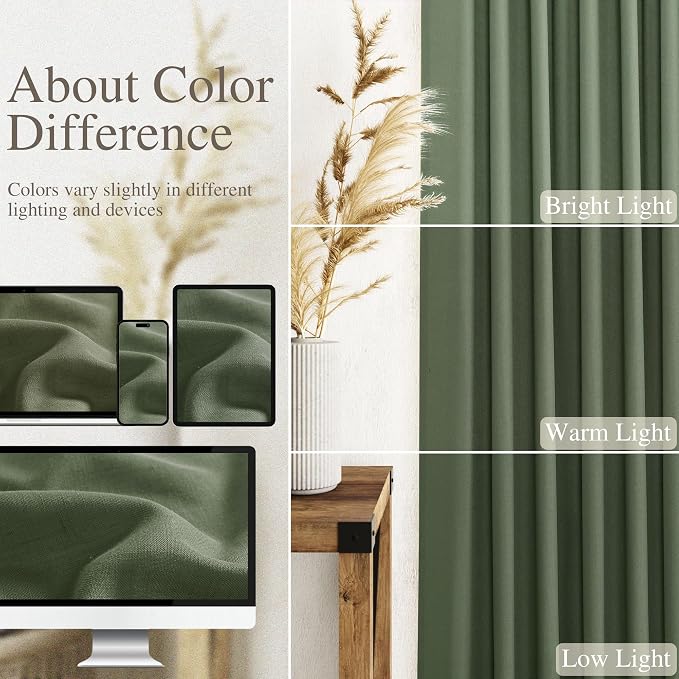 Olive Green Linen Curtains for Living Room 2 Panels Set 95 Inch Length Back Tab Light Filtering Semi Sheer Curtain Drapes for Bedroom 52x95