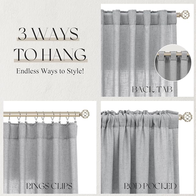 Jowels Grey Linen Curtains 84 Inch Long 2 Panels for Living Room | Gray Light Filtering Sheer Curtain, Back Tab Pocket Pleated Look, Boho Farmhouse Textured Privacy Drapes for Bedroom Window