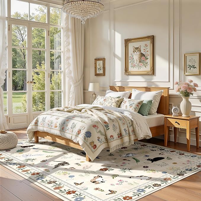 AIMPEAK 6x9 Washable Area Rug - Non Slip Low Pile Cat Floral Boho Vintage Carpet for Living Room, Bedroom, Farmhouse, Dining Room, Nursery, Kids Playroom, Beige Multi