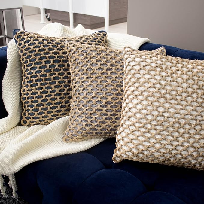 Boho Living Jada Decorative Throw, Includes Accent, Premium Woven Design, Living Room Décor, (1) 20" x 20" Pillow Cover with Insert, White
