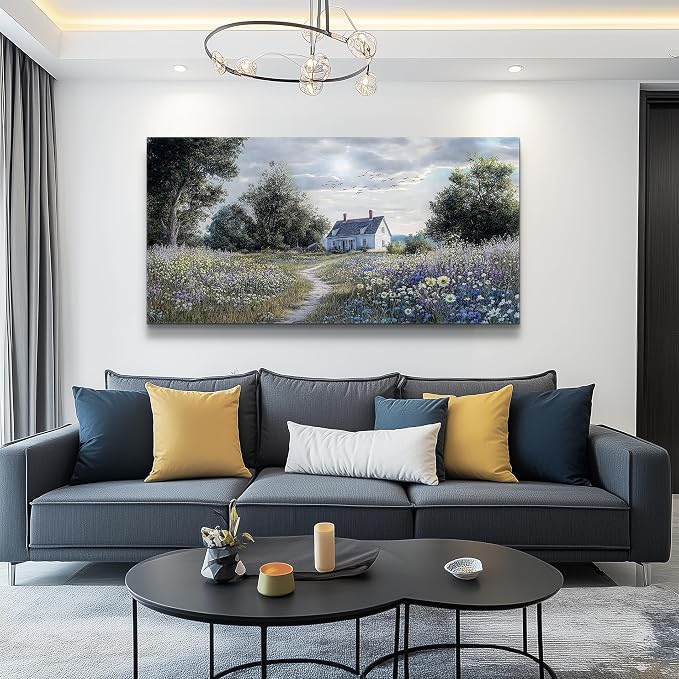 KELIYUAN Canvas Wall Art For Living Room Bedroom Wall Decor For Office Farmhouse Mural Retro Pastoral Flower Sea Landscape Painting Room Hallway Prints Artwork Picture Wall Decoration 20x40 Inches