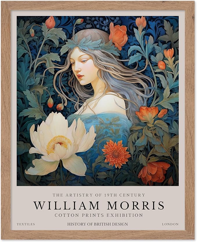 Monem Art William Morris Poster - Woman and Flowers Art Print - Lady Art - Floral Design - Flower Illustration - Aesthetic Bedroom or Living Room Decor - 8x10 Beige Framed