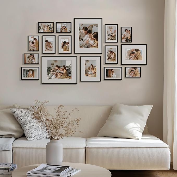 eletecpro Aluminum Gallery Wall Frame Set of 16 with Glass Cover, Black | Including 2Pcs 11x14, 2Pcs 8x10, 6Pcs 5x7, 6Pcs 4x6 Photo Frames, Multiple Sizes Picture Frames Collage Wall Decor, Tabletop