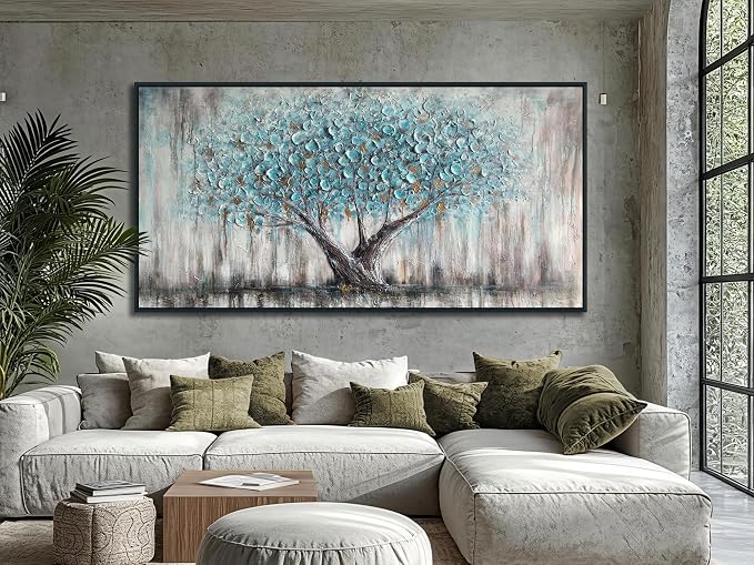 Arjun Framed Blue Tree Canvas Wall Art Extra Large Tree of Life Teal 58x29 | Living Room Bedroom Hand Painted Textured Painting Big Size Nature Picture Panoramic Landscape Artwork Home Office Wall Decor