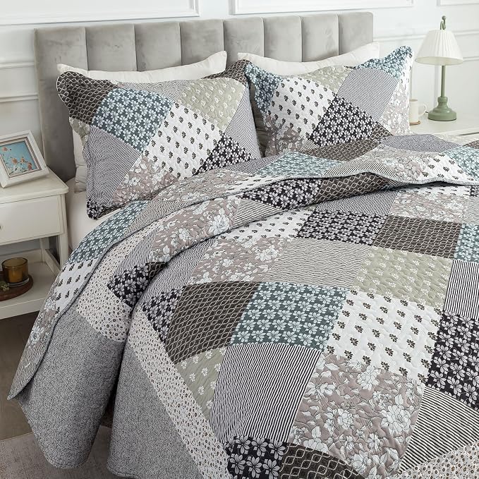 Travan 3-Piece Quilt Set Quilted Bedspread Garden Style Floral Printed Oversized Microfiber Lightweight Coverlet Set with Shams, Exquisite, King Size