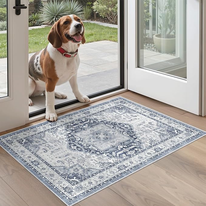 Madane Washable Area Rug 2x3 Small Entryway Rugs Non-Slip, Navy/White | Vintage Stain-Resistant Door Mat Indoor Entrance, Low Pile Floor Carpet for Inside Front Bedroom Kitchen Entry Laundry, Stair