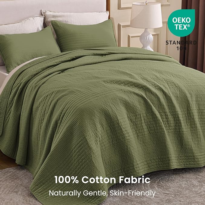 Love's cabin Queen Size Cotton Quilt Set, 100% Cotton Fabric Striped Textured Coverlet with Crinkled Look, Lightweight Quilted Bedspread for All Season, Includes 2 Pillow Shams, Olive Green