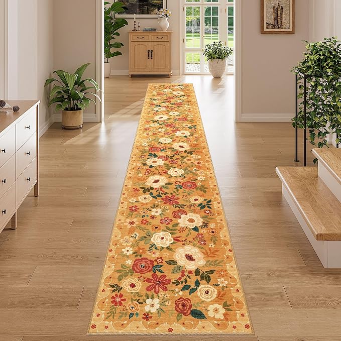 DUKINO 2x12 Washable Runner Rug, Non Slip Long Kitchen Runner Rug, Orange | Floral, Low Pile, Soft Indoor Rug Runner for Hallway, Entryway, Bedroom, Bathroom, Laundry, Pet Friendly, Modern Home Decor