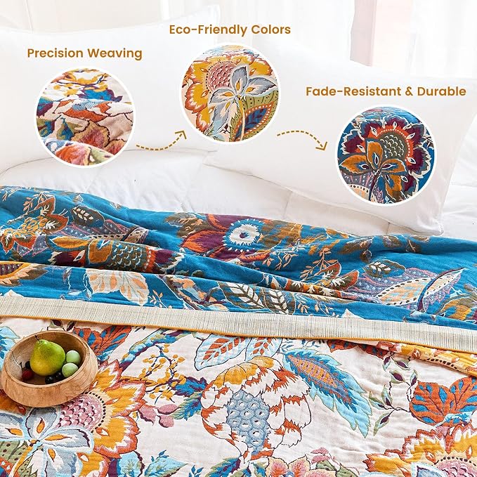 MSGKV Boho Throw Blanket 50"x60" 100% Cotton Floral Muslin Throw for Couch | 100 Cotton Throw, Floral Pattern, Reversible Woven, Summer Breathable, Lightweight Comfort, Farmhouse Decor, Machine Washable