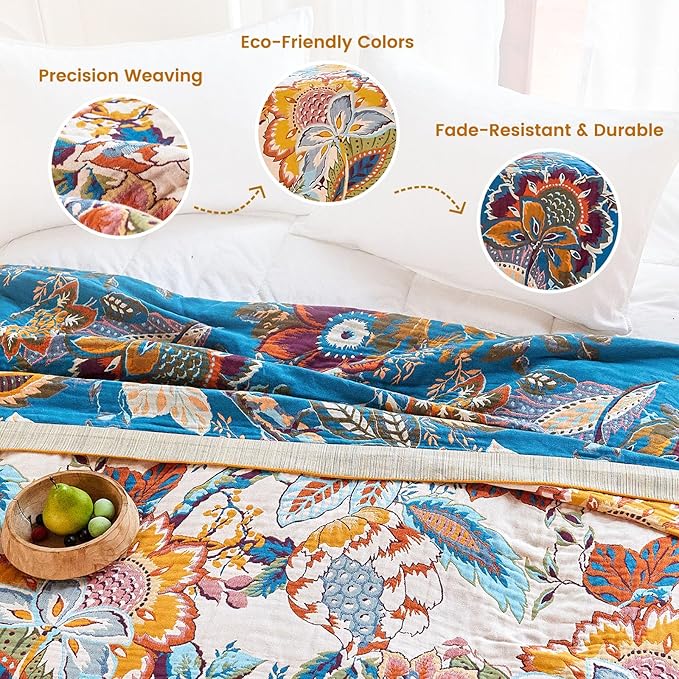 MSGKV Boho Throw Blanket 90"x90" Summer Cotton Floral Blanket for Couch | 100% Cotton Muslin, Floral Throw Blanket, Reversible Weave, Soft & Breathable, Everyday Home Comfort, Machine Washable