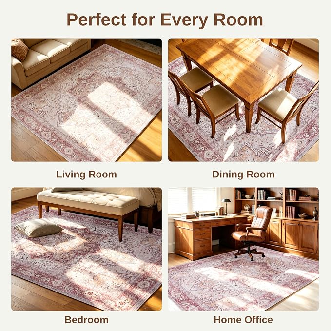 Pink 5x7 Washable Rug for Living Room, Non Slip Carpet for Bedroom | Soft faux wool, machine washable & stain resistant. Non-slip rubber backing, low pile. For living room, bedroom, office.