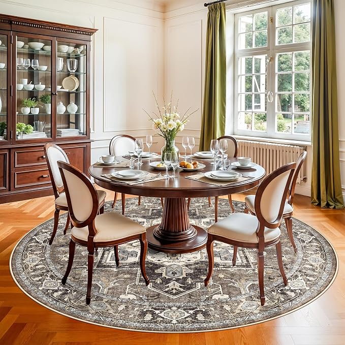 RUUGME Ultra-Thin Washable Round Rug - 6ft Large Dining Room Round Area Rug Vintage Stain Resistant Carpet for Living Room Bedroom Non-Slip Backing Soft Low Pile Floor Mat for Nursery(Beige,6'Round)