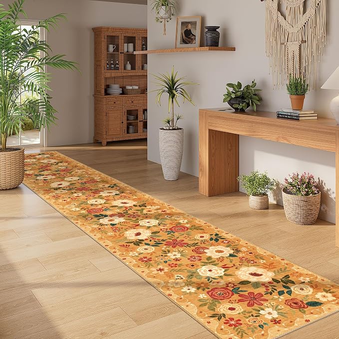 DUKINO 2x12 Washable Runner Rug, Non Slip Long Kitchen Runner Rug, Orange | Floral, Low Pile, Soft Indoor Rug Runner for Hallway, Entryway, Bedroom, Bathroom, Laundry, Pet Friendly, Modern Home Decor