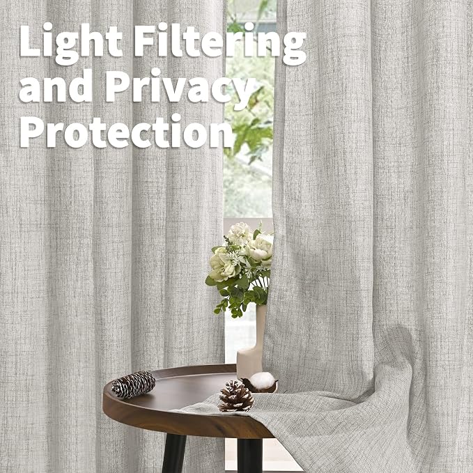 YoungsTex Linen Curtains 54 Inch Length Light Grey Textured Curtains with Bronze Grommet Light Filtering Drapes for Living Room Bedroom, 52 x 54 Inch, 2 Panels