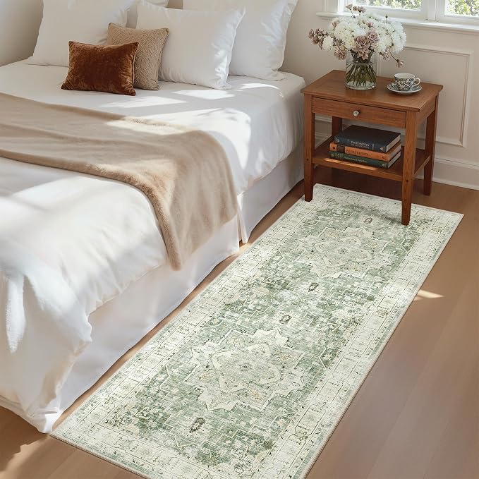 Madane Washable Runner Rug 2x6 Runners for Hallways Non Slip, Green/Ivory | Vintage Stain-Resistant 6 Feet Kitchen Rug, Soft Low-Pile Ultra-Thin Floor Carpet Mat for Bathroom Laundry Room Bedroom 2x6ft