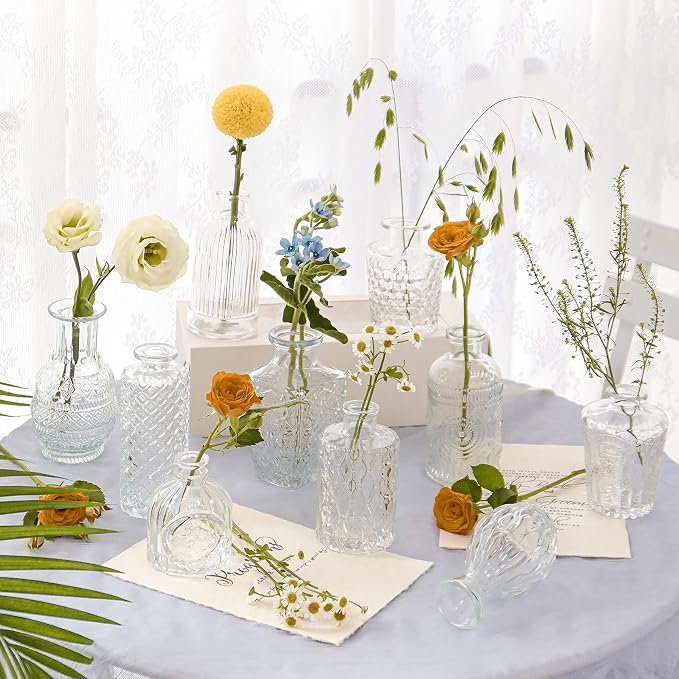 8 Pcs Glass Bud Vases Clear Vintage Small Flower Vases for Table Decor