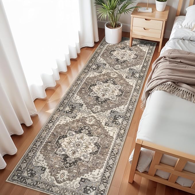 2x8 Washable Hallway Runner Rug - Non-Slip Kitchen Rugs Low Pile Entryway Runners Vintage Soft Carpet Thin Lightweight Indoor Home Decor Floor Mat for Bathroom Laundry Room Bedroom(Beige,2x8)