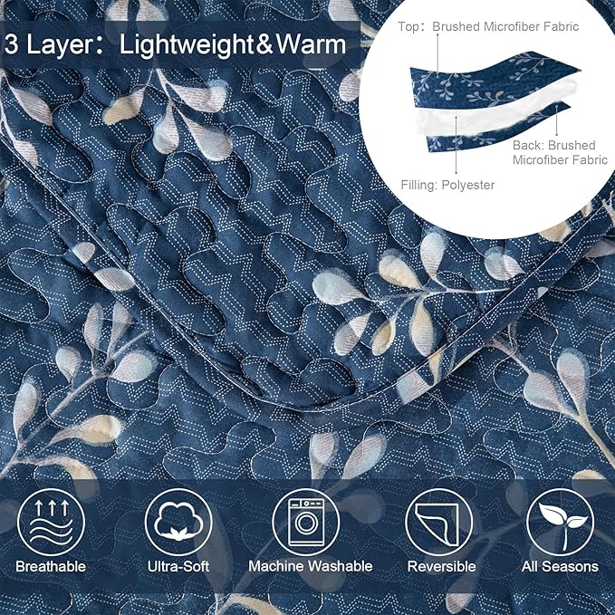 Exclusivo Mezcla Reversible Boho Quilt King Size Navy | Lightweight Soft Bedspreads, All Season Flowers Coverlet Bedding Set, Printed Floral Pattern, 1 Quilt and 2 Pillow Shams