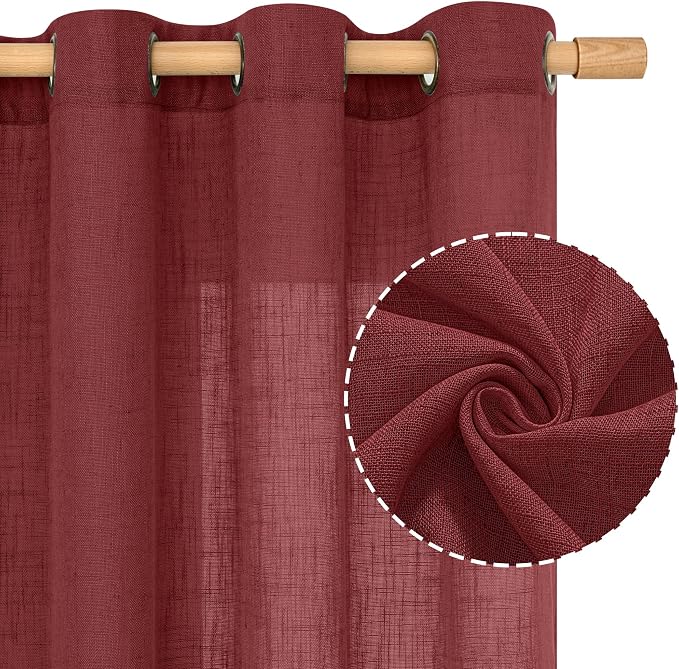 Burgundy Red Sheer Linen Curtains 84 inch Length for Living Room | Light Filtering, Bedroom, Curtains for Farmhouse, Linen Textured, Christmas Drapes, Bronze Grommet, 2 Panels, 52 x 84 Inch