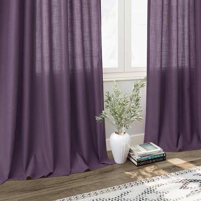 Plum Linen Curtains 108 Inches Long for Living Room 2 Panels Set Extra Long Back Tab Curtain Semi Sheer Light Filtering Plum Drapes Floor to Ceiling Curtains for Large Windows 52x108