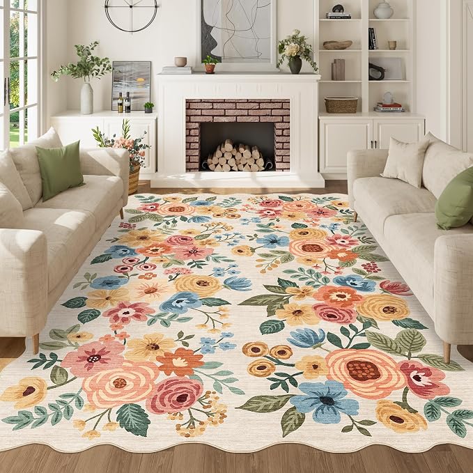DUKINO 6x9 Area Rugs, Floral Washable Living Room Rug Non Slip Beige Yellow | Low Pile, Stain Resistant, Soft Indoor Large Rugs for Bedroom, Dining Room, Kids Playroom, Nursery, Pet Friendly, Home Decor