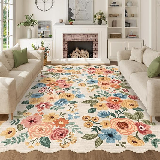 DUKINO 6x9 Area Rugs, Floral Washable Living Room Rug Non Slip Beige Yellow | Low Pile, Stain Resistant, Soft Indoor Large Rugs for Bedroom, Dining Room, Kids Playroom, Nursery, Pet Friendly, Home Decor