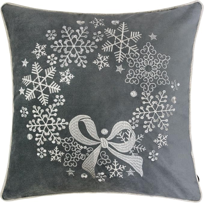 Embroidery Gray Velvet Throw Pillow Cover, Merry Christmas Series Snowflake Floral Wreath Luxury Soft Fuzzy Cozy Warm Slik Gift Square Couch Cushion Pillow Case 20 x 20 Inch, Cover Only