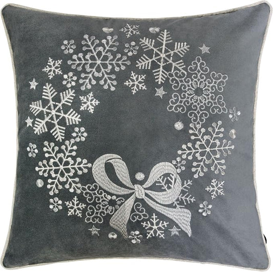 Embroidery Gray Velvet Throw Pillow Cover, Merry Christmas Series Snowflake Floral Wreath Luxury Soft Fuzzy Cozy Warm Slik Gift Square Couch Cushion Pillow Case 20 x 20 Inch, Cover Only