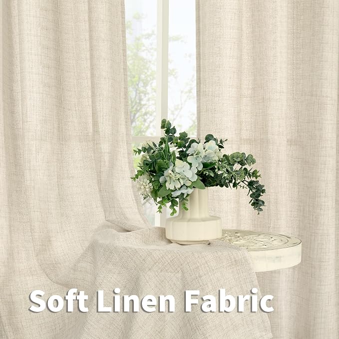 YoungsTex Extre Long Linen Curtains 102 Inch Length for Living Room, Semi Sheer Window Drapes with Rod Pocket Back Tab Light Filtering for Farmhouse Bedroom, 2 Panels, 52 X 102 Inch