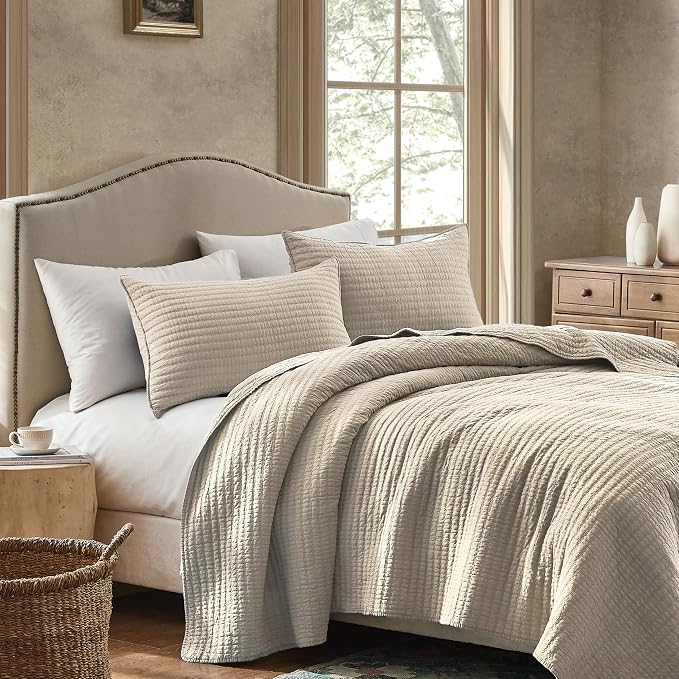WDCOZY 100% Cotton Queen Size Quilt Set - Beige Neutral Striped Pick Stitch Soft Lightweight Bedspread, Textured Like Linen, Farmhouse Country Rustic Coverlet, Shabby Chic Gauze Bedding, 3 Pieces